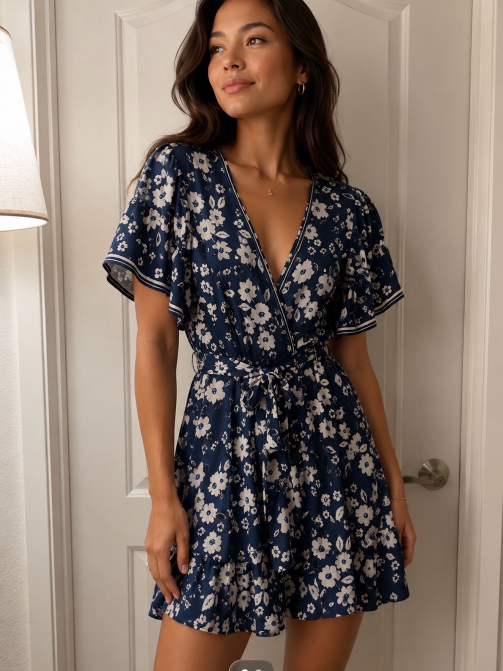 Max Studio Navy Floral Ruffle Wrap Summer Sundress M